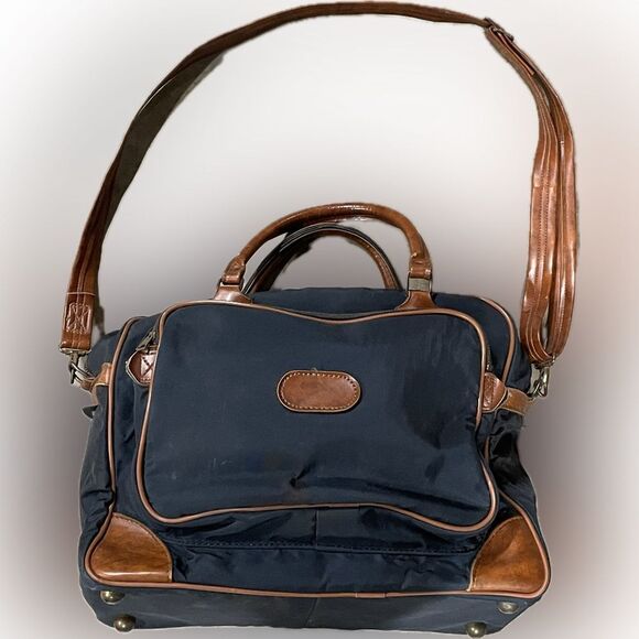 Vintage Overnight Bag canvas with leather trim navy and leather 17” x 11” - Picture 1 of 14
